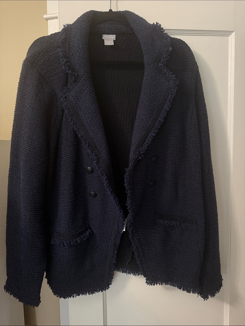 Chico's Navy Fringed Knit Blazer